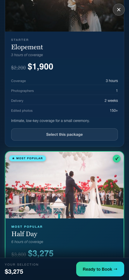 A real tooBooked brochure — packages automatically discounted for an underbooked month, with a Ready to Book button