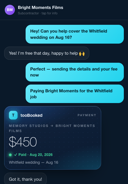 A real tooBooked chat conversation with a subcontractor, ending in a paid $450 payment card
